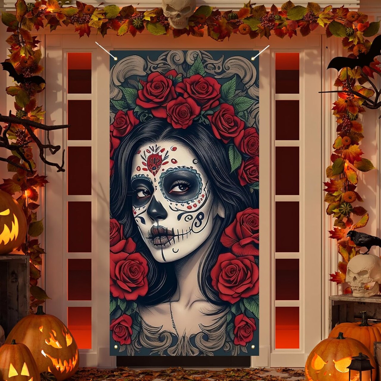 Dia De Los Muertos Door Cover Day of The Dead Porch Sign(Multicolor)72"L x 36"W